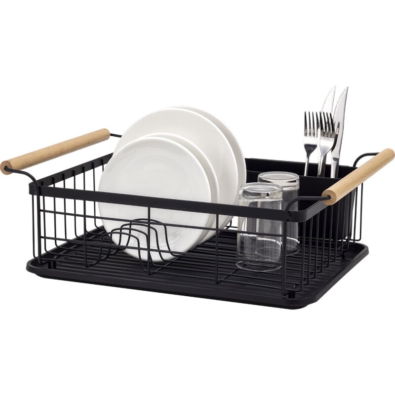 Escurridor de Platos Selecta Metal Negro con Asas de Madera 47x30x16 cm ESCURRIDOR METAL C/ASAS MADERA NEGRO 47 X 30 X 16 CM