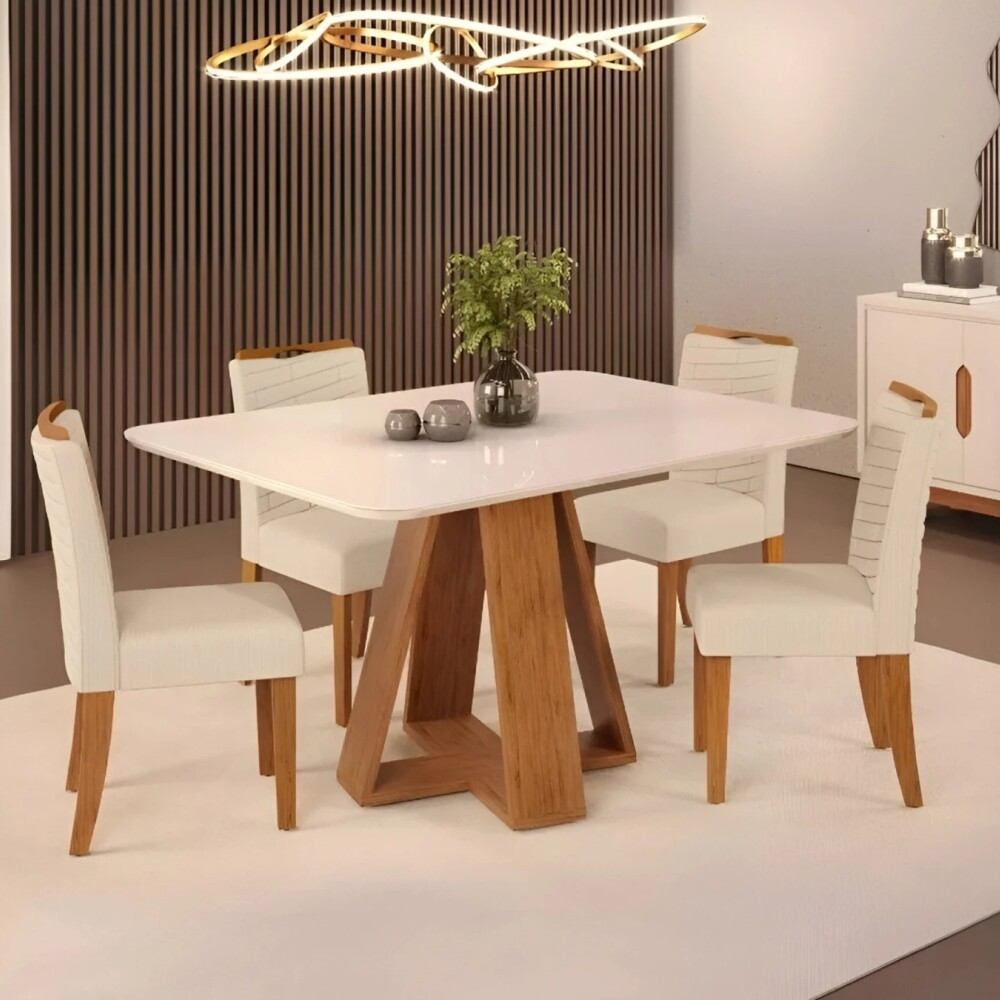 Juego De Comedor - 4 Sillas + Mesa Tapa De Vidrio - Celeste Beige / Beige