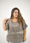 Blusa 100% lino con broderie y lentejuela Visón