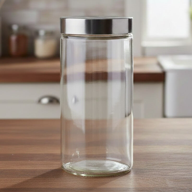 Frasco de vidrio cilíndrico con tapa 2,2 lts rosca metal PLATA