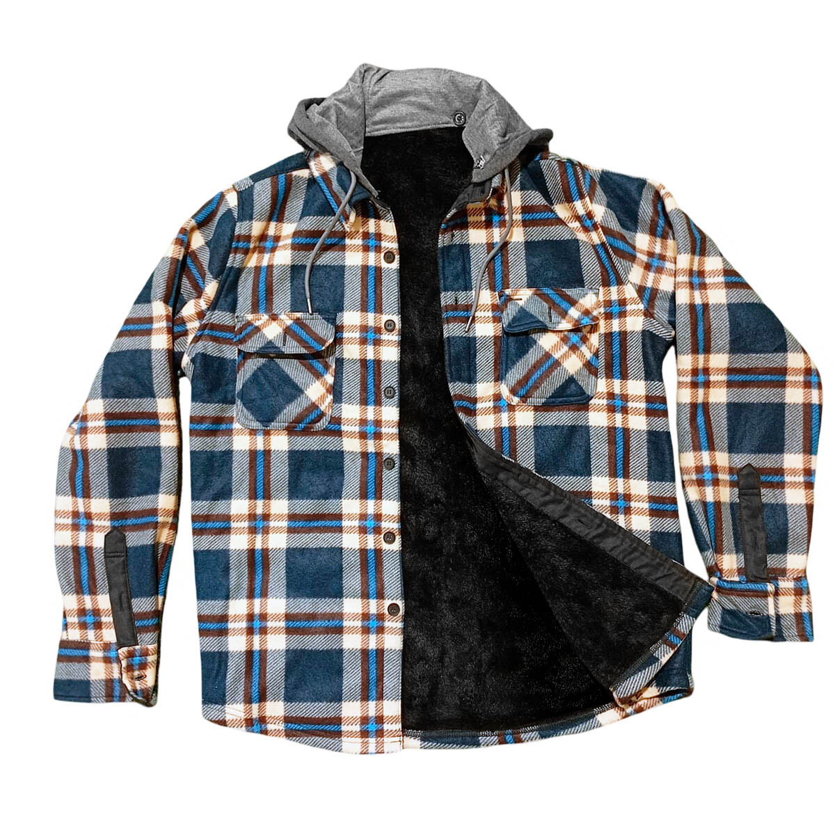 Campera Camisa Leñadora Cangurito Capucha Botones - Azul-Beige 
