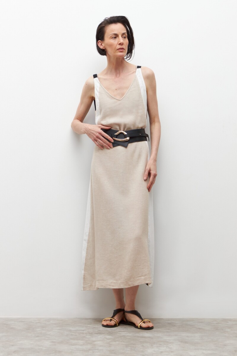 Vestido de lino escote V color block negro