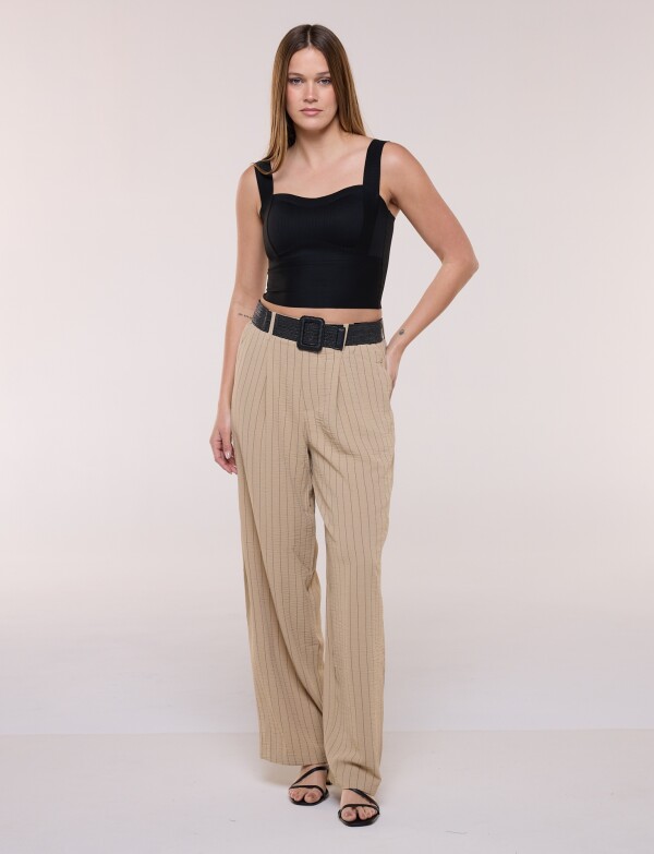 Pantalon Wide Leg Rayado Con Cinturón De Rafia BEIGE