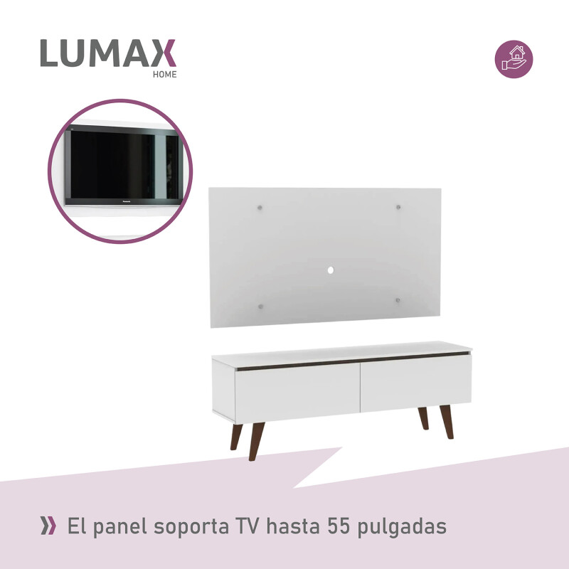Rack TV mueble Lumax + panel rústico con estantes 55” Blanco/Blanco