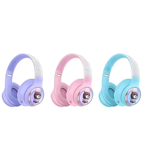 Auriculares Vincha Bluetooth Inalambricos Luces Microfono Variante Diseño Oso Celeste