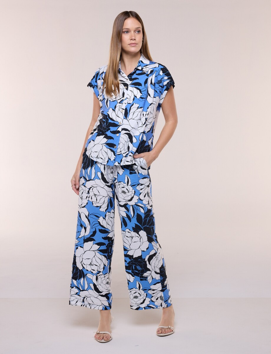 Pantalon Fluído Con Lazo Floral - Multi/azul 