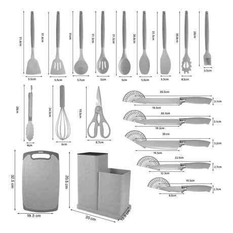 Set Cocina Menage 19Pz Utensillos Cuchillos Tabla c/Soporte Turquesa