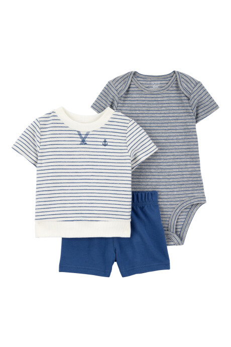 Set tres piezas de algodón, short, remera y body, diseño a rayas Sin color