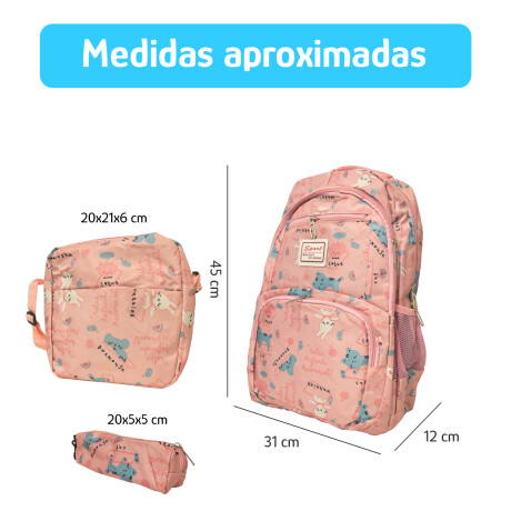 Set Mochila 3 Piezas Diseño Animalitos Escolar Resistente Rosa Claro