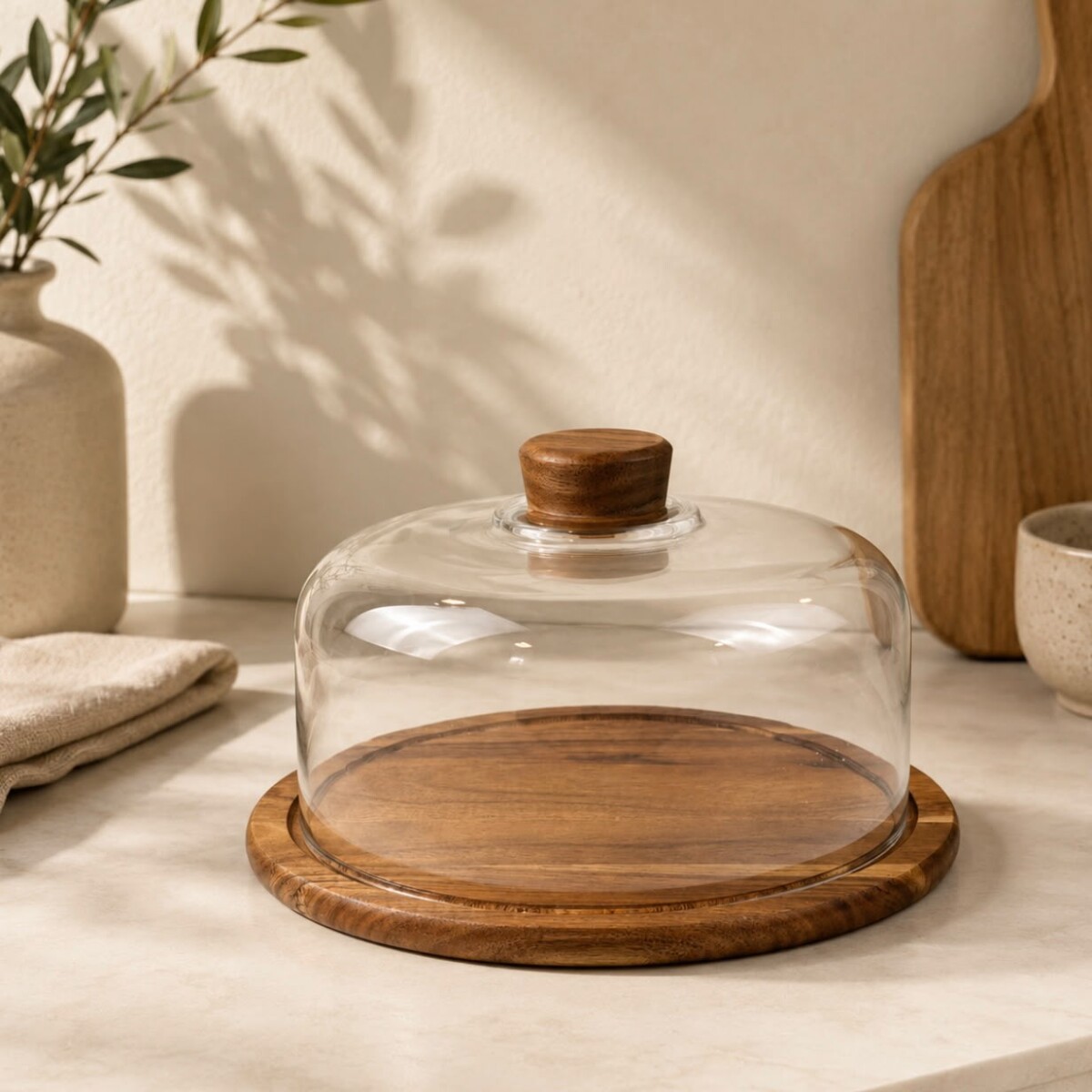 Campana para Tortas con Base de Madera de Acacia y Cúpula de Vidrio – Ø 27cm 