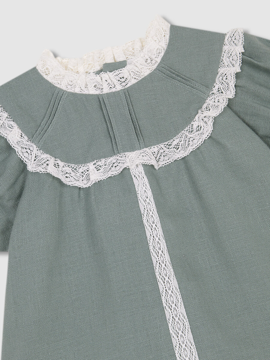 Vestido De Arras En Lino Verde Con Tiras Verde Oscuro