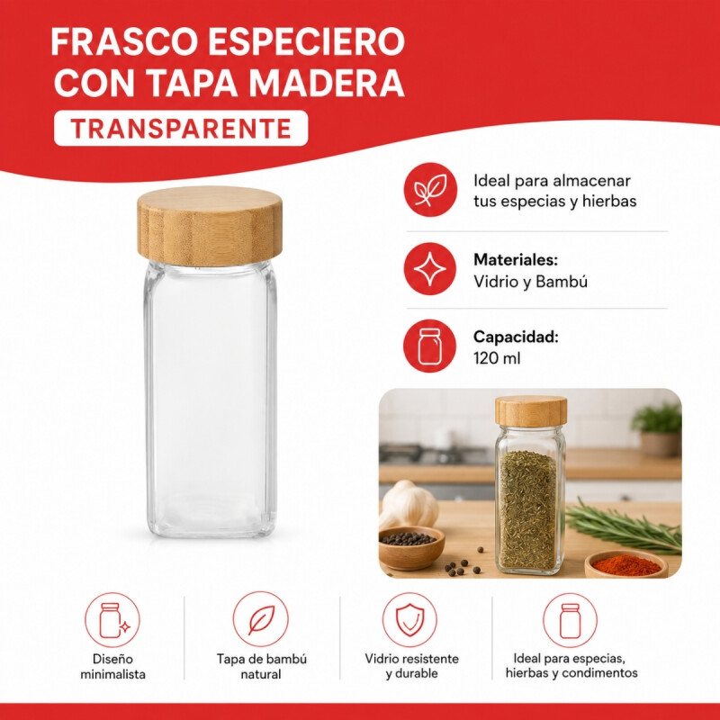 Frasco especiero con tapa madera TRANSPARENTE