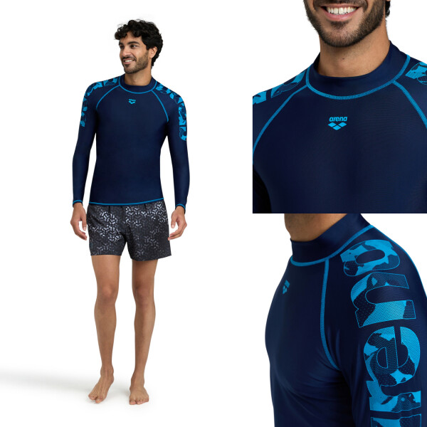 Lycra Remera De Manga Larga Con Proteccion UV Para Hombre Arena Men's Rash Vest Long Sleeve Azul Marino y Turquesa