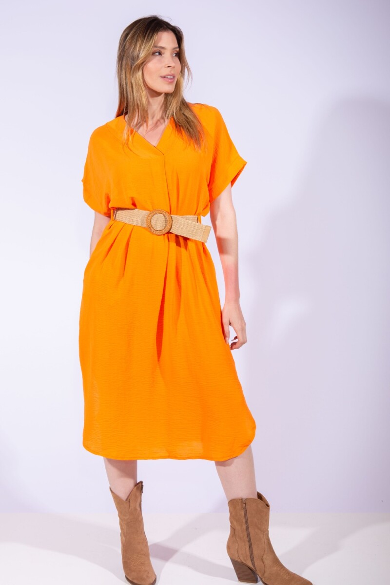 Vestido Escote v con cinto Naranja