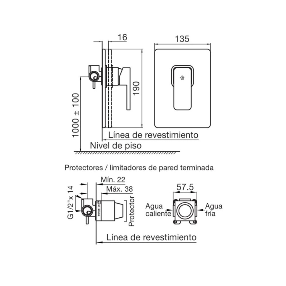 GRIFERÍA MONOCOMANDO DE EMPOTRAR PARA DUCHA SIN ROSETA MODELO SABINA Grifería Monocomando De Empotrar Para Ducha Sin Roseta Modelo Sabina