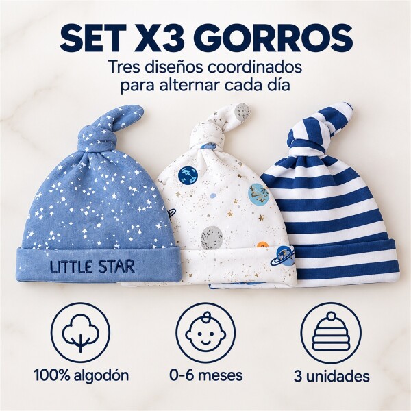 Gorro Para Bebé Recién Nacido x3 100% Algodón Con Nudo Azul 1