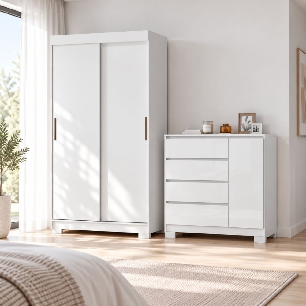COMBO DORMITORIO – ROPERO 2 PUERTAS CORREDIZAS + CÓMODA ZAPATERA BLANCO