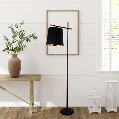 Luminaria de pie pantalla negra y detalles en madera E27 163cm Luminaria de pie pantalla negra y detalles en madera E27 163cm