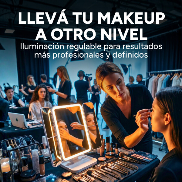 Espejo De Maquillaje Luz Led Triple Panel Aumento 2x 3x USB Blanco