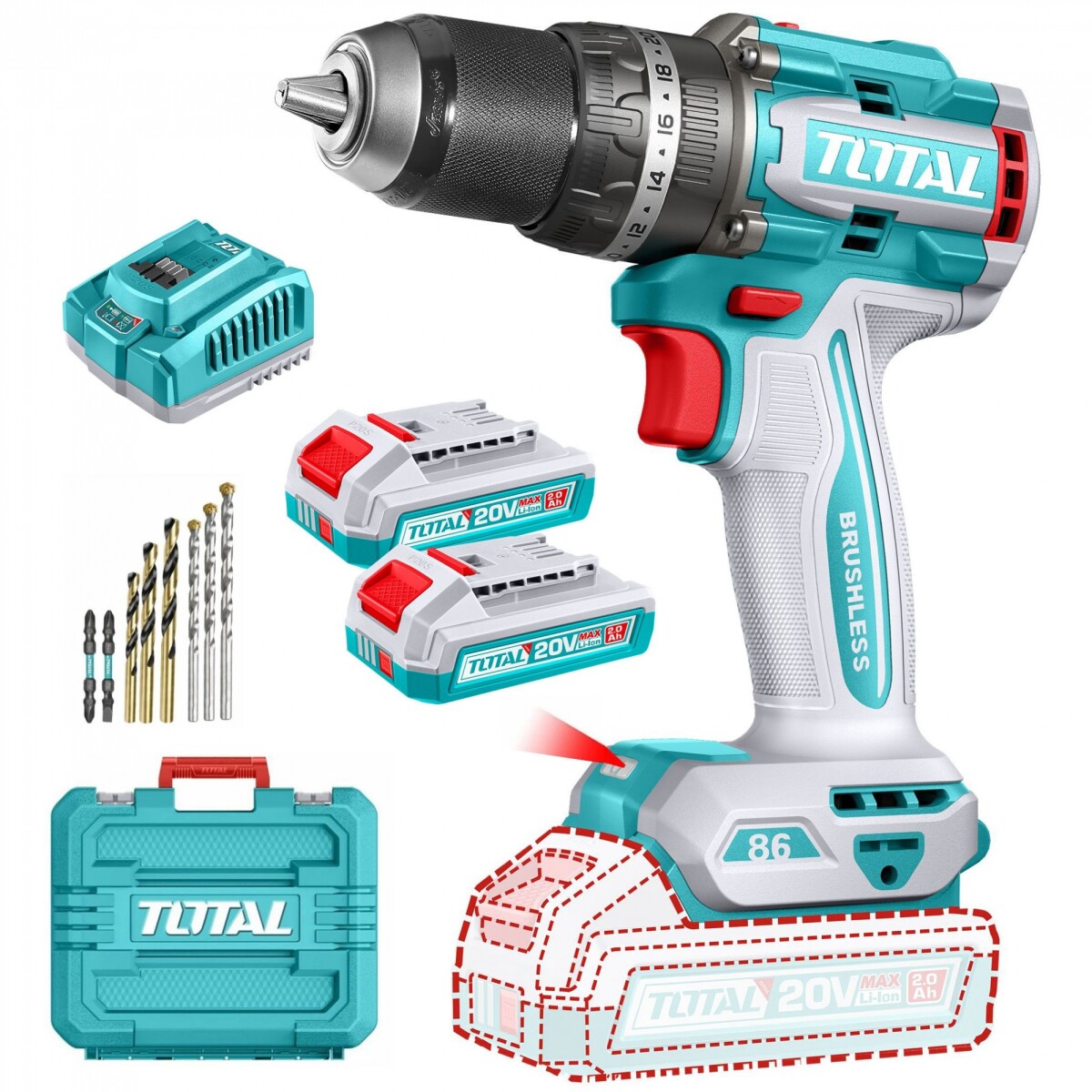 Taladro Percutor Y Atornillador 20v 86Nm - Doble Batería, Cargador Y Maletín - Sin Carbones 