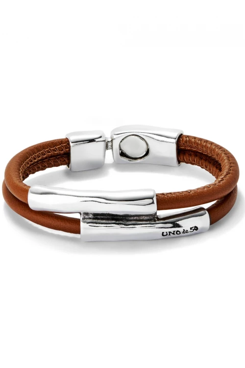 PULSERA DOBLE CUERO CAMEL CON DOS TUBOS BAÑADA EN PLATA DE LEY Pulsera