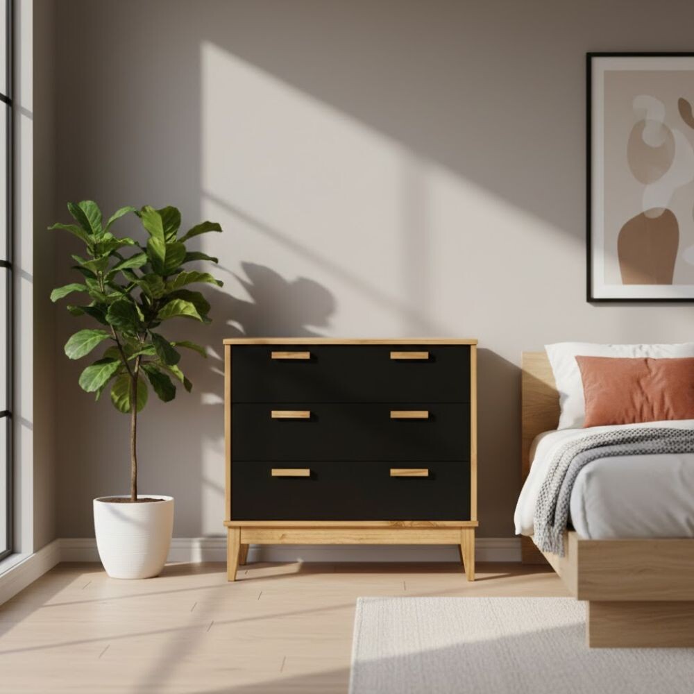 MESA DE LUZ O NOCHE 3 CAJONES EN MADERA MACIZA NEGRO