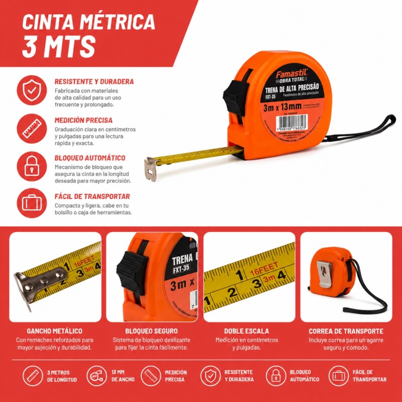Cinta métrica 3 mts NEGRO