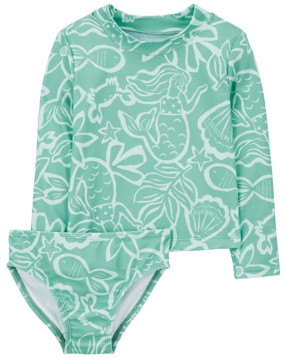 Traje de baño dos piezas con manga larga y protección UPF 50+ diseño sirenas. Talles 2-5T 