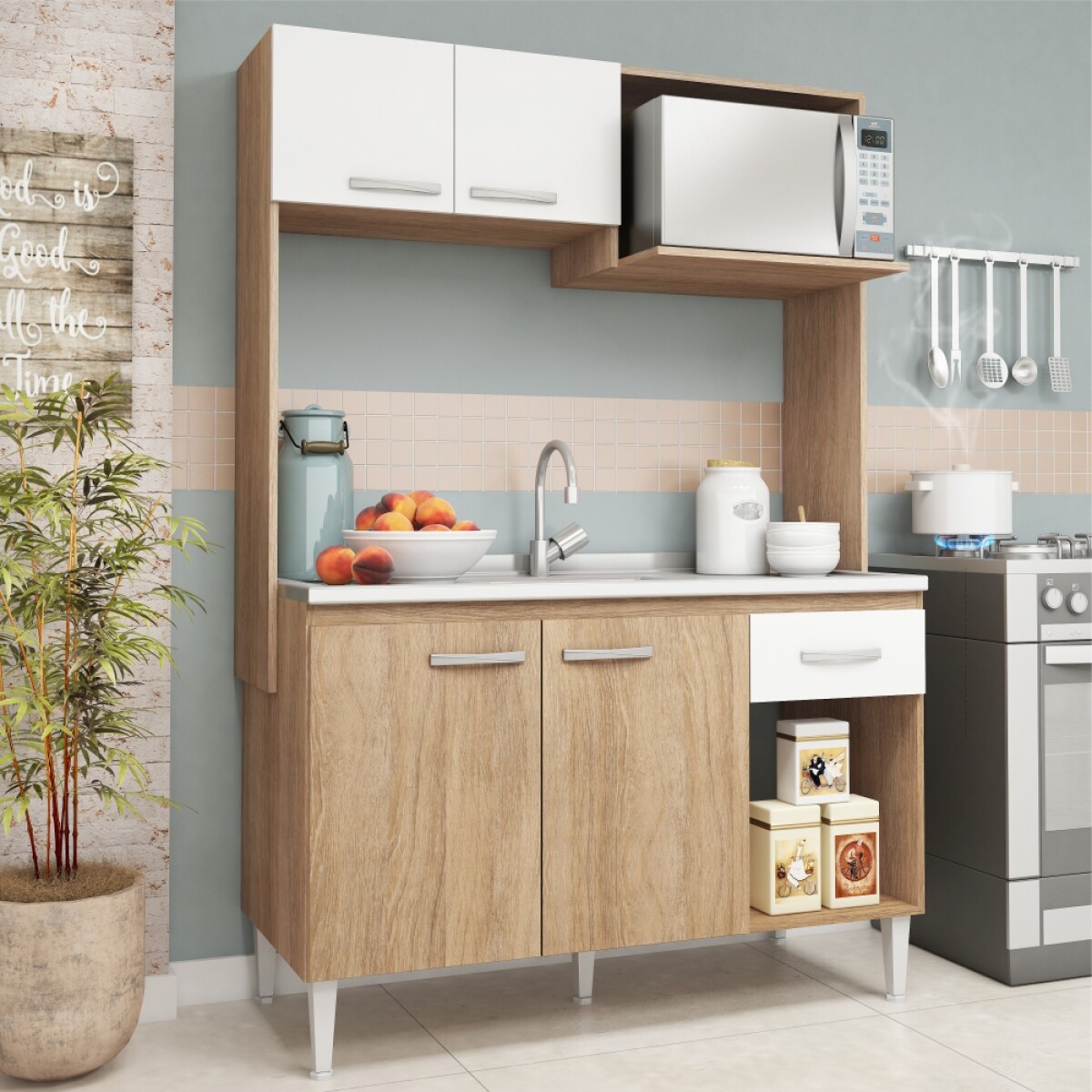 Kit de cocina compacta 4 puertas 1 cajón Patas Ajustables y Rieles Metálicos 122 x 52 x 187cm - Carvale / Blanco 