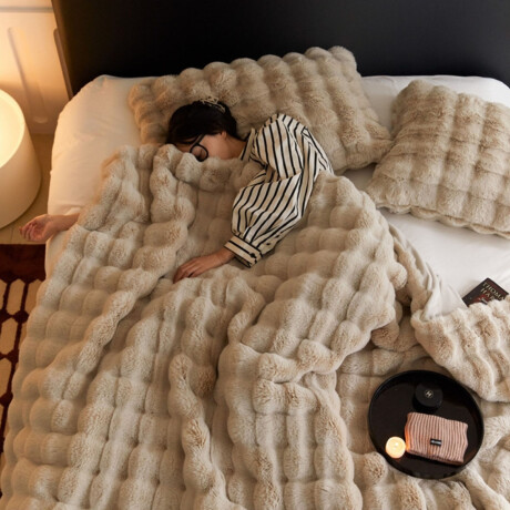 Frazada Manta 2 Plazas Afelpada Pelos Forro Polar Cama Sofá Beige