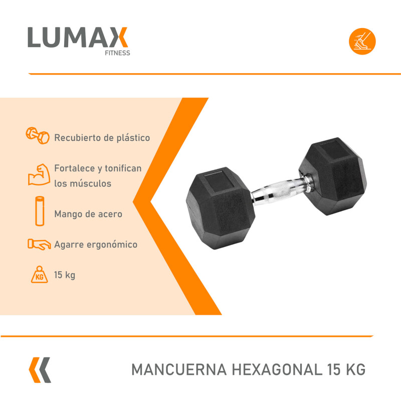 Mancuerna Fija Hexagonal Recubierta Mango Acero Lumax 15KG Negro