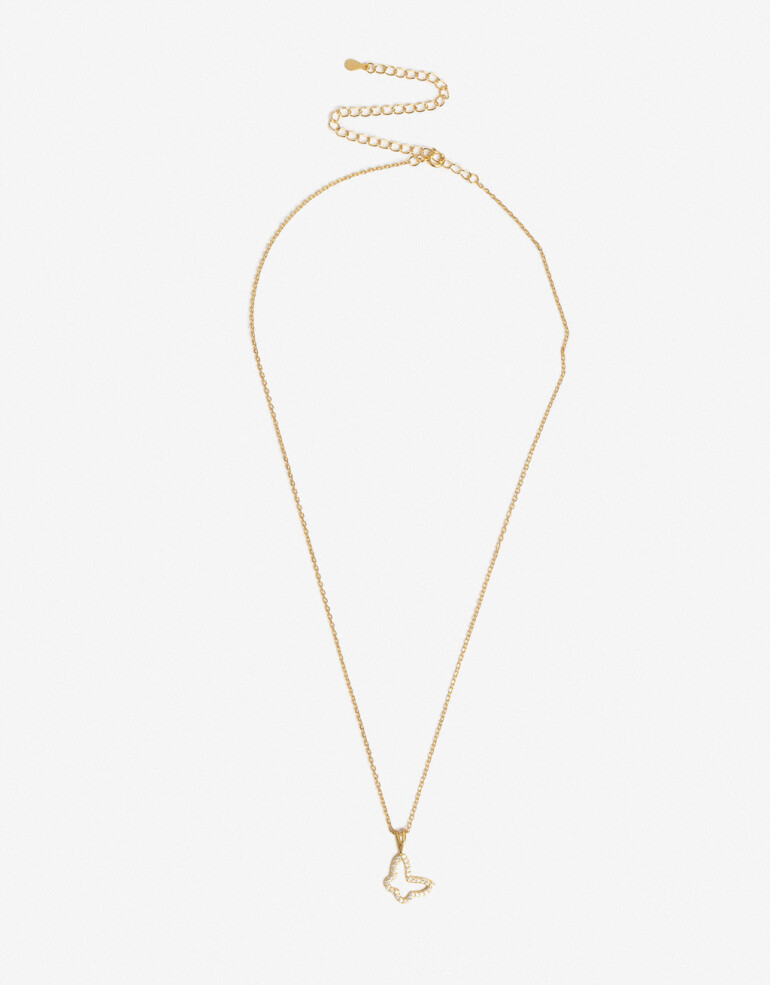 Cadena Corta con Dije Strass Collar Corto Plata 925 Mariposa - Dorado