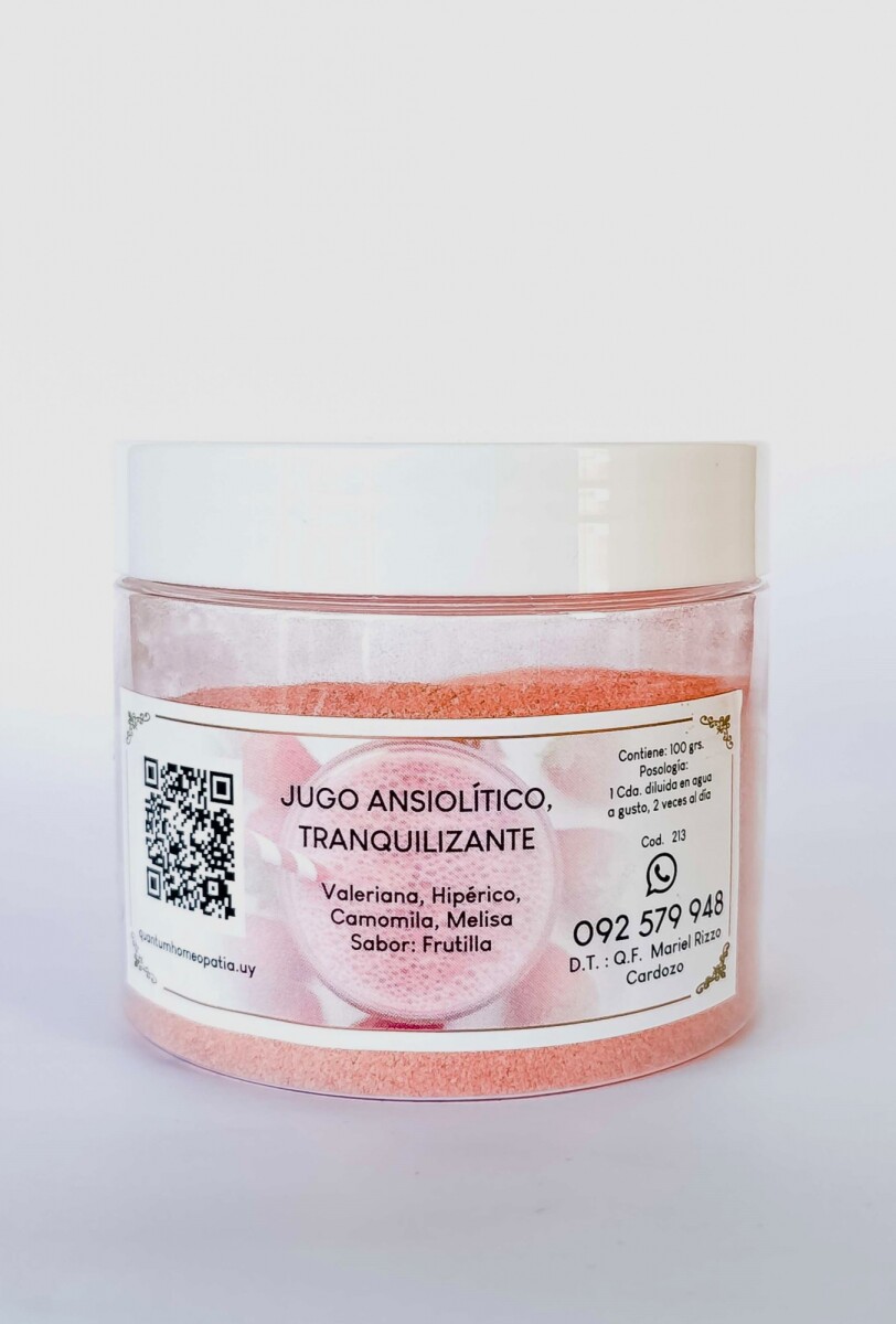 Jugo Ansiolitico y Tranquilizante (Valeriana, Hipérico, Camomila y Melissa) Sabor Frutilla · 100gr 