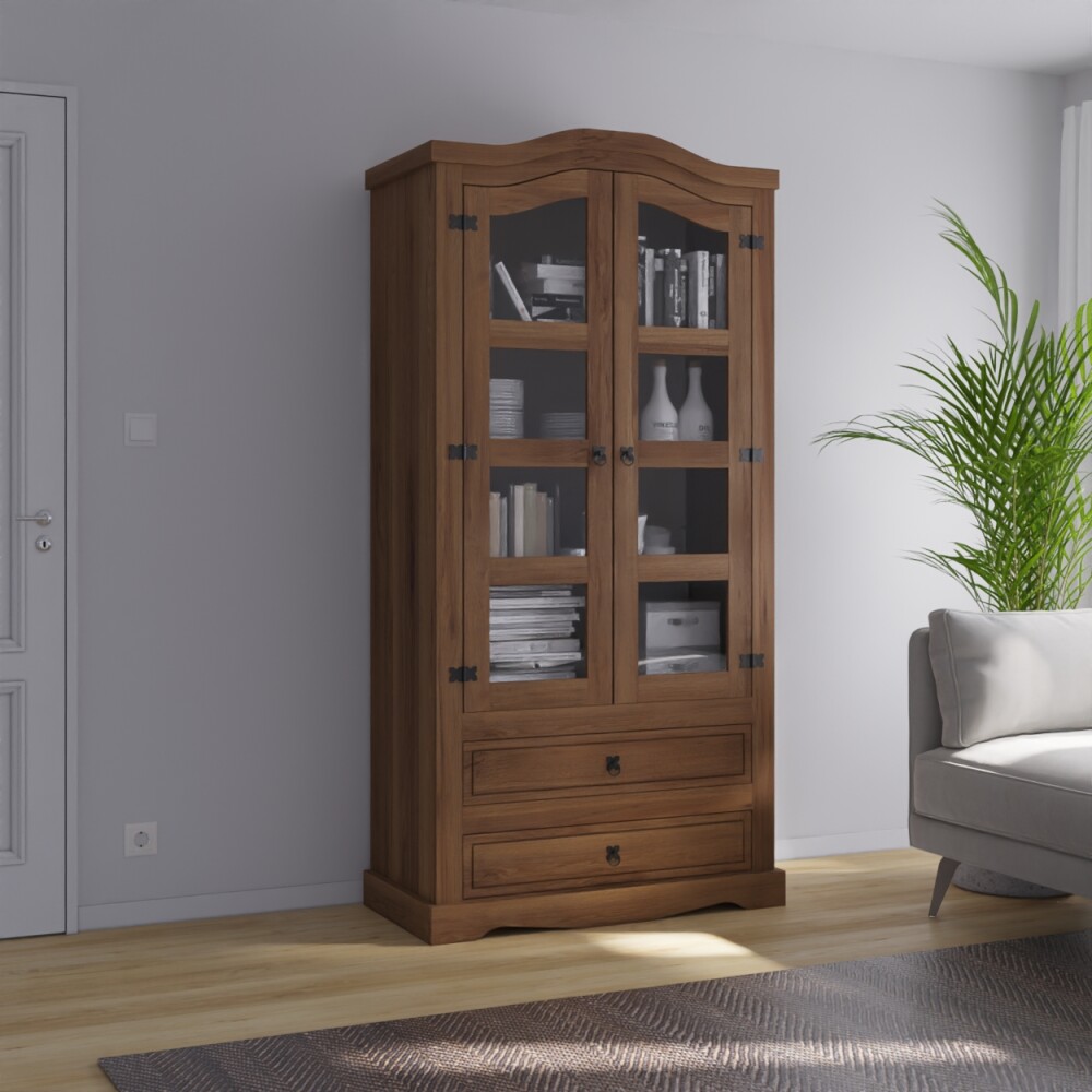 Cristalero 2 Puertas 2 Cajones Madera Maciza Linea Mexicana Oscuro