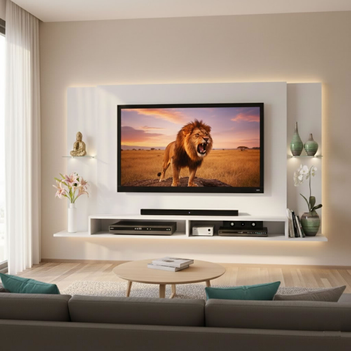 Rack Flotante Tv 65 Pulgadas Grafito - Con Estantes De Vidrio Y Pasacables 