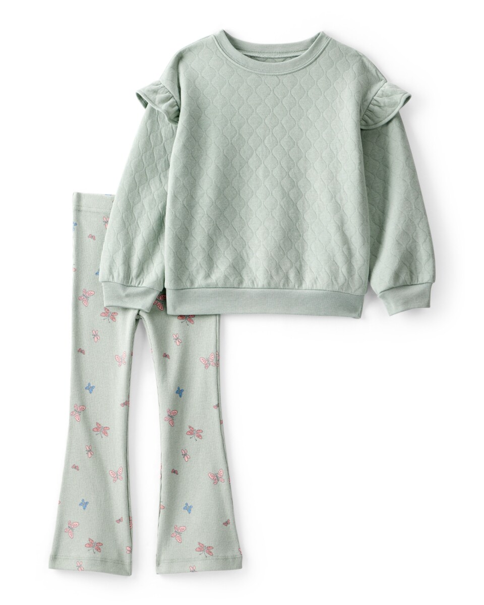 Set dos piezas de algodón, calza acanalada y buzo, verde, diseño mariposas. Talles 2-5T 