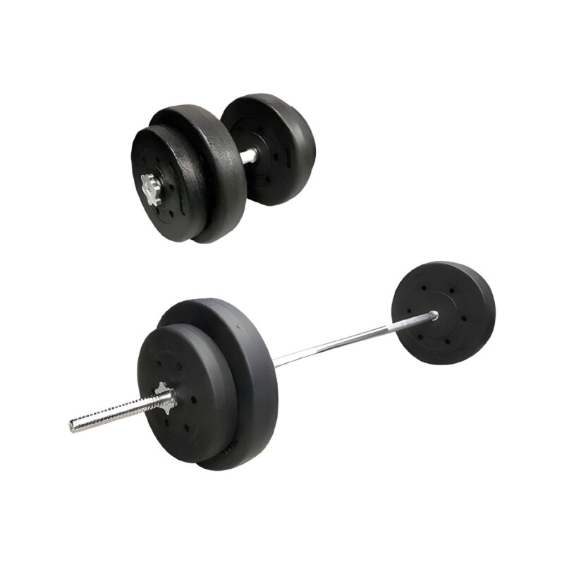 Kit 2 Mancuernas + Barra Recta Maciza 1.8m + 50 Kilos Pesas 8x5Kg 2x2.5Kg 4x1.25Kg