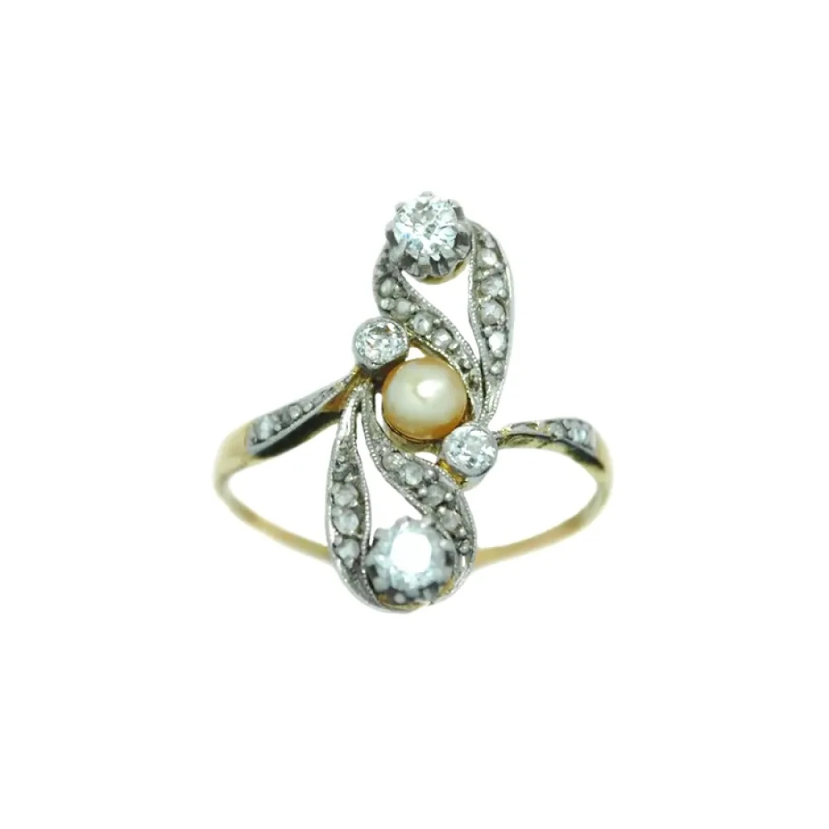 Anillo Oro 18K, Con Brillantes, Diamantes Y Perla Natural 