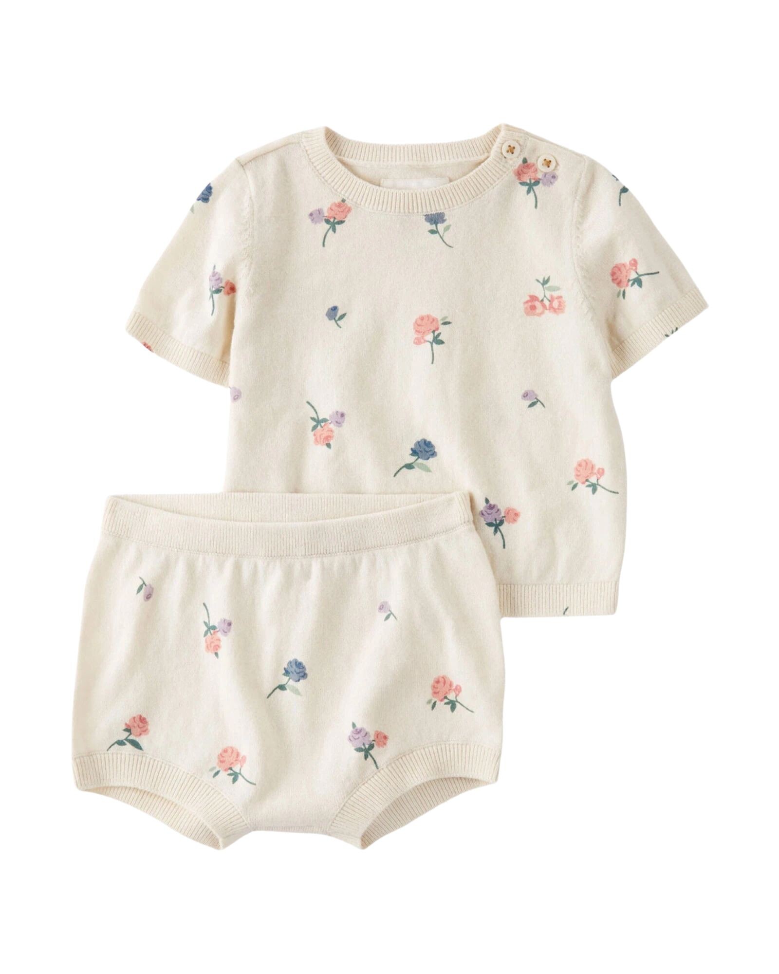 Set dos piezas de algodón orgánico, short y remera diseño floral Sin color
