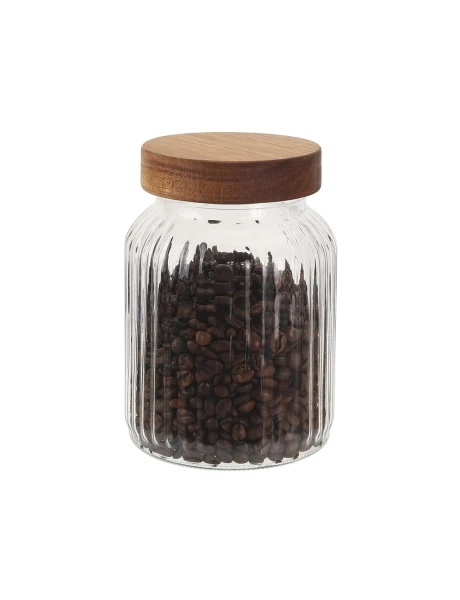 RECIPIENTE VIDRIO LABRADO C/TAPA MADERA 1000ML 11X11X16.5CM RECIPIENTE VIDRIO LABRADO C/TAPA MADERA 1000ML 11X11X16.5CM