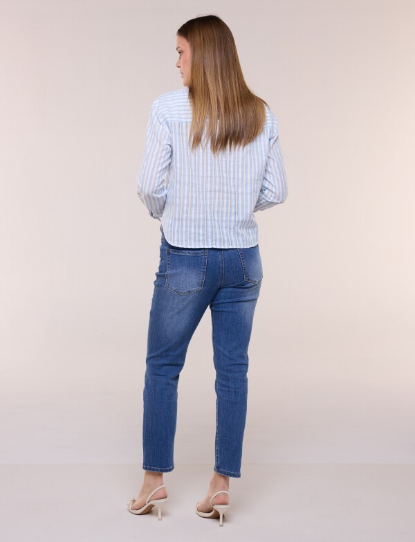 Camisa De Algodón A Rayas Con Detalle De Puntilla MULTI/CELESTE