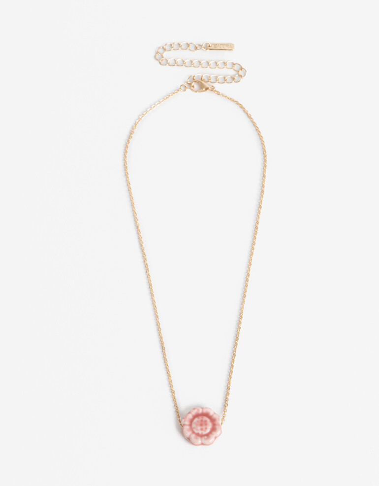 Cadena Corta con Dije Color Collar Con Dije Flor Cerámica. - Dorado