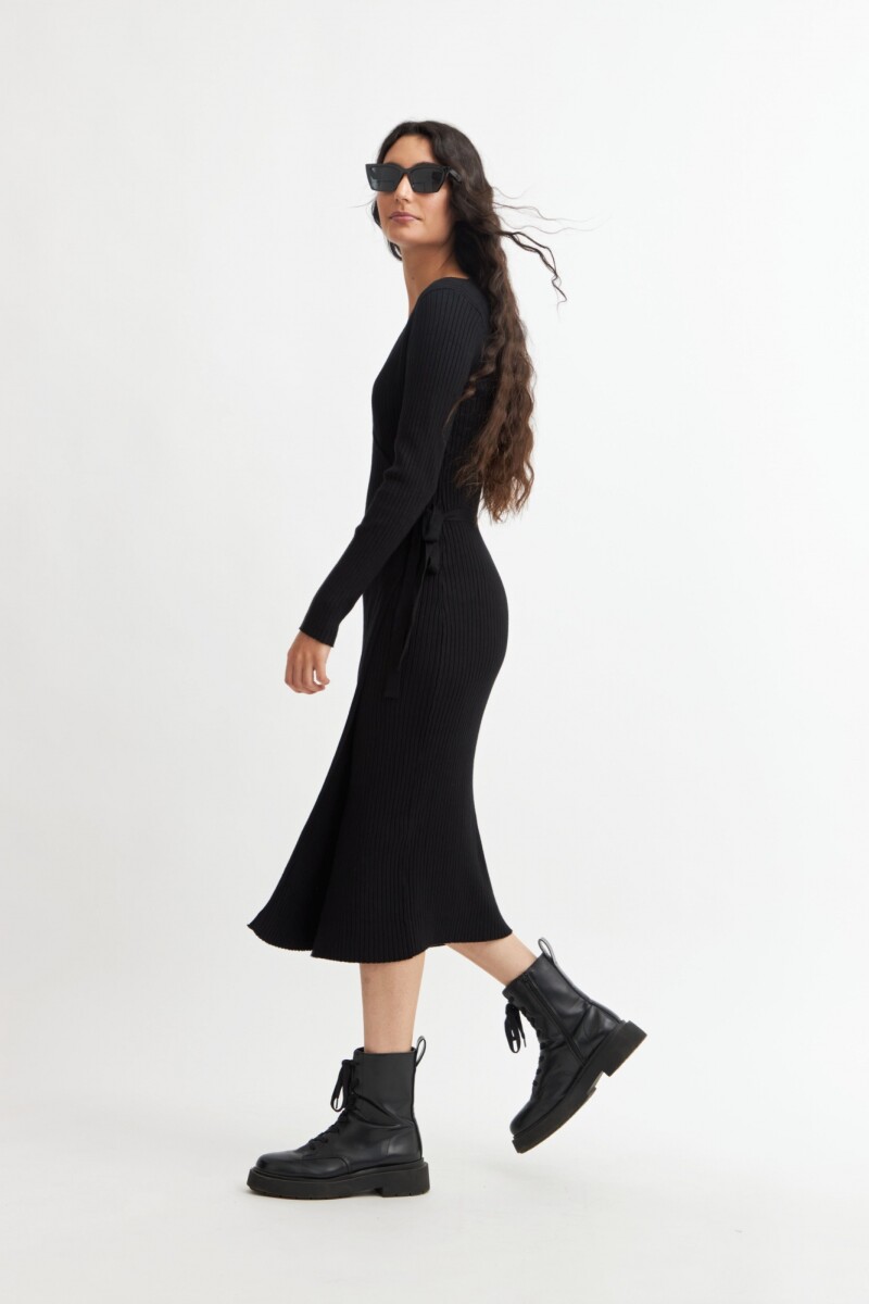 Vestido midi tejido manga larga - Negro 