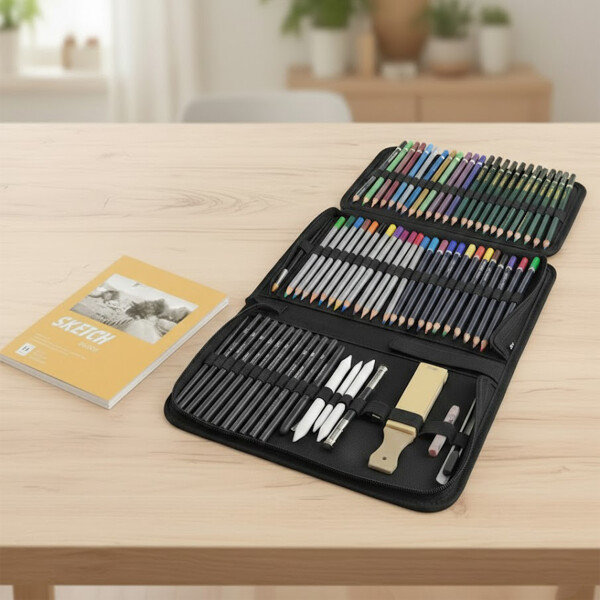 Set Arte Dibujo Kit 72 Pcs Lápices Colores Cuaderno Estuche Negro