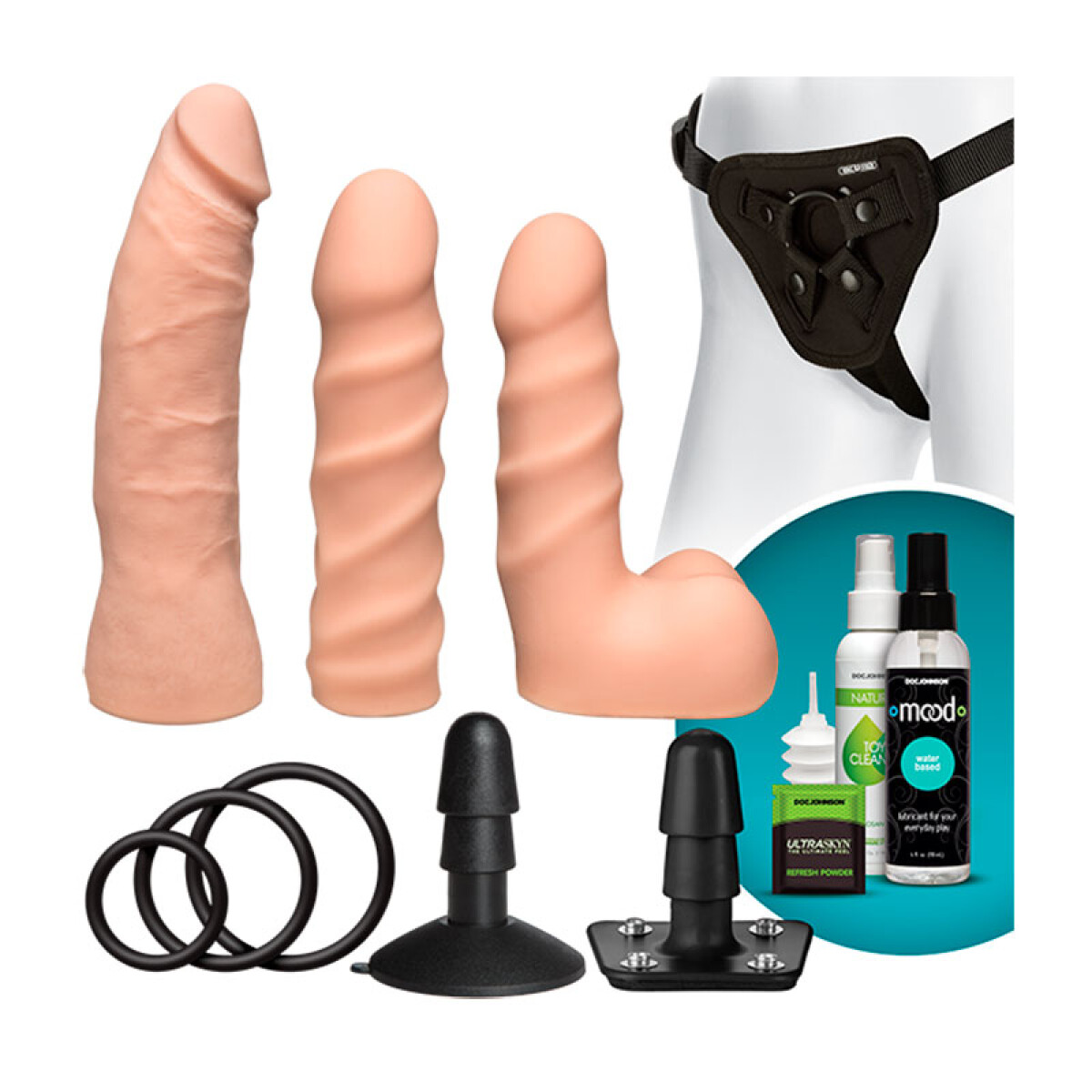 Kit Dual Density Starter Set Arnés Dildo Anillos 