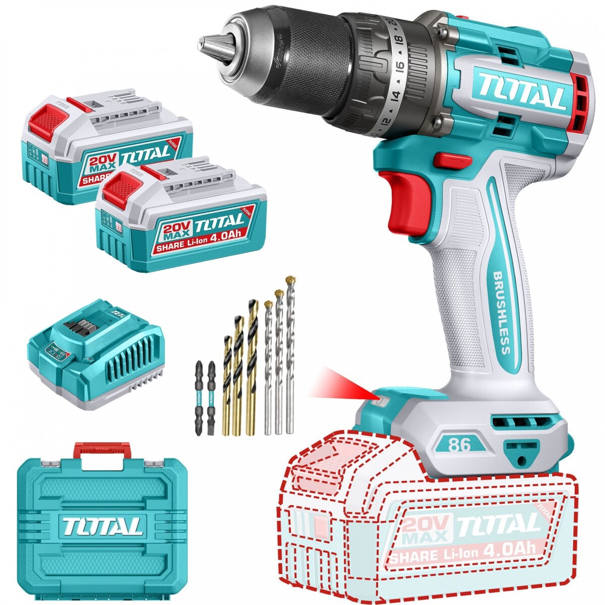 Taladro Percutor Y Atornillador 20v 86Nm - Doble Batería, Cargador Y Maletín - Sin Carbones 
