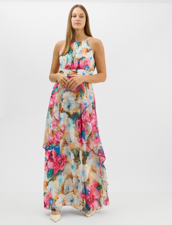Vestido Largo Estampado Floral Con Cuello Halter MULTI/ROSA