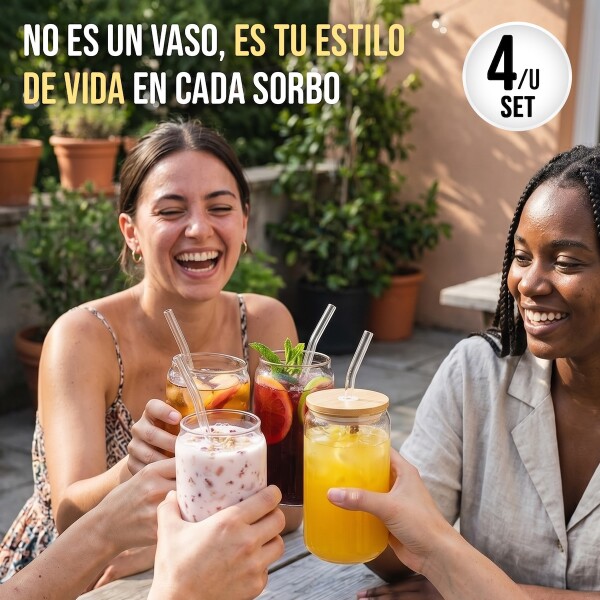 Set X4 Vasos De Vidrio Con Tapa Madera Bambu y Sorbetes 400ml IMBACK Set X4 Vasos De Vidrio Con Tapa Madera Bambu y Sorbetes 400ml IMBACK