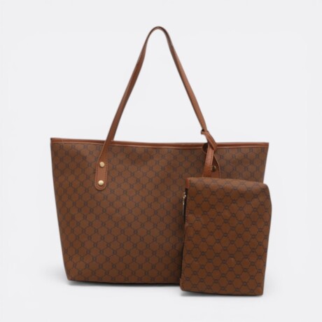 Cartera Tote Con Diseño Trama Imperial Incluye Neceser Marrón