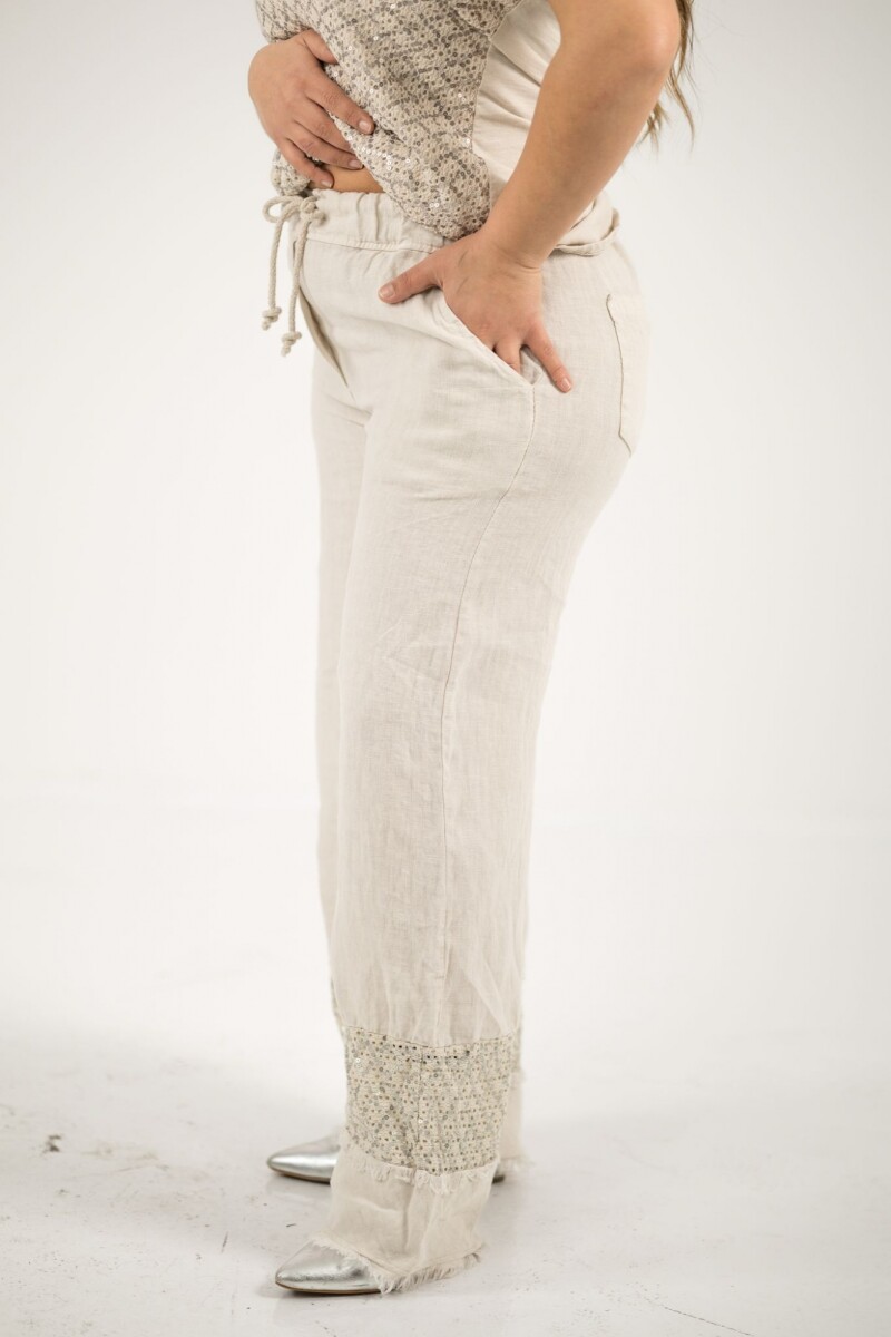 Palazo 100% lino con lentejuela y flecos - Beige 